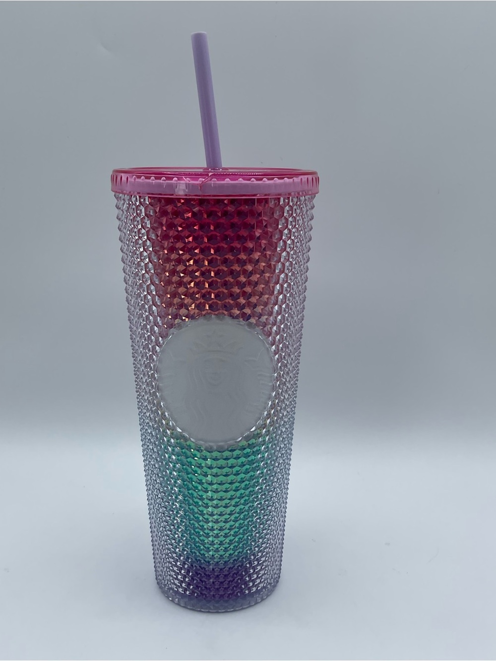 Starbucks 24 oz Jeweled Rainbow Iridescent Tumbler Pink Lid Straw Cold studded